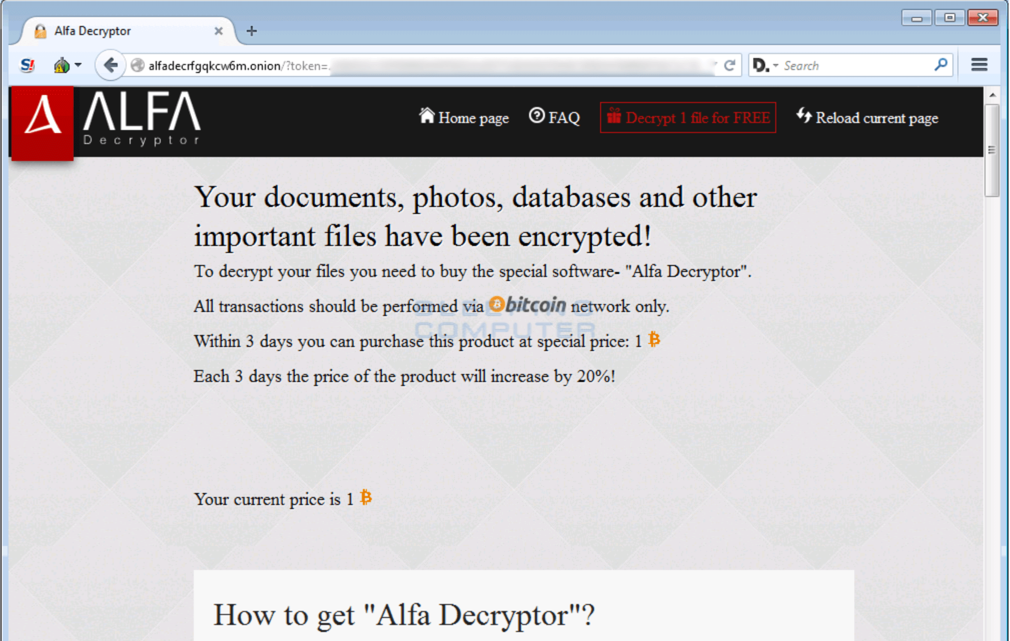 Alfa ransomware Decryptor Page