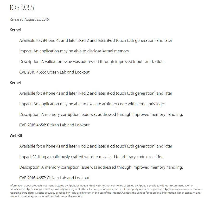 Apple released a patched update, iOS 9.3.5, this Tuesday.