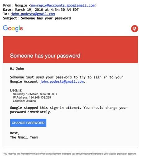 Podesta received a email on March 9th from Google as a security alert that someone was attempting to steal his password