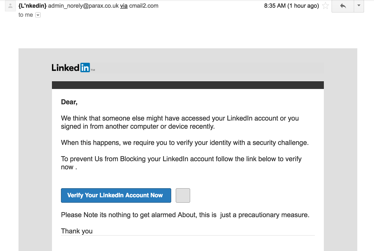 LinkedIn Phishing email example