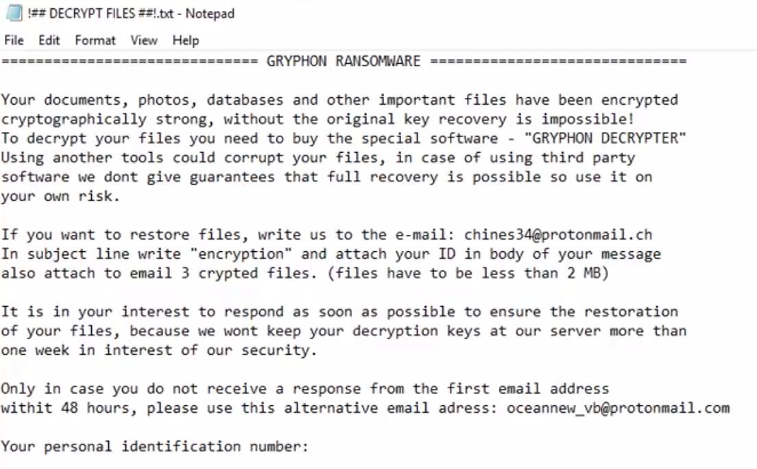 Gryphon ransomware message