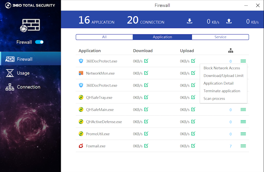 You can see the bandwidth occupied of each application. Click the icon on the right to set Download and Upload limit.