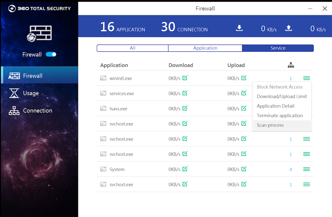 If you find the usage is out of expectation, Firewall offers the "scan process" option to launch a virus scan to make sure it’s not caused by malicious behaviors.