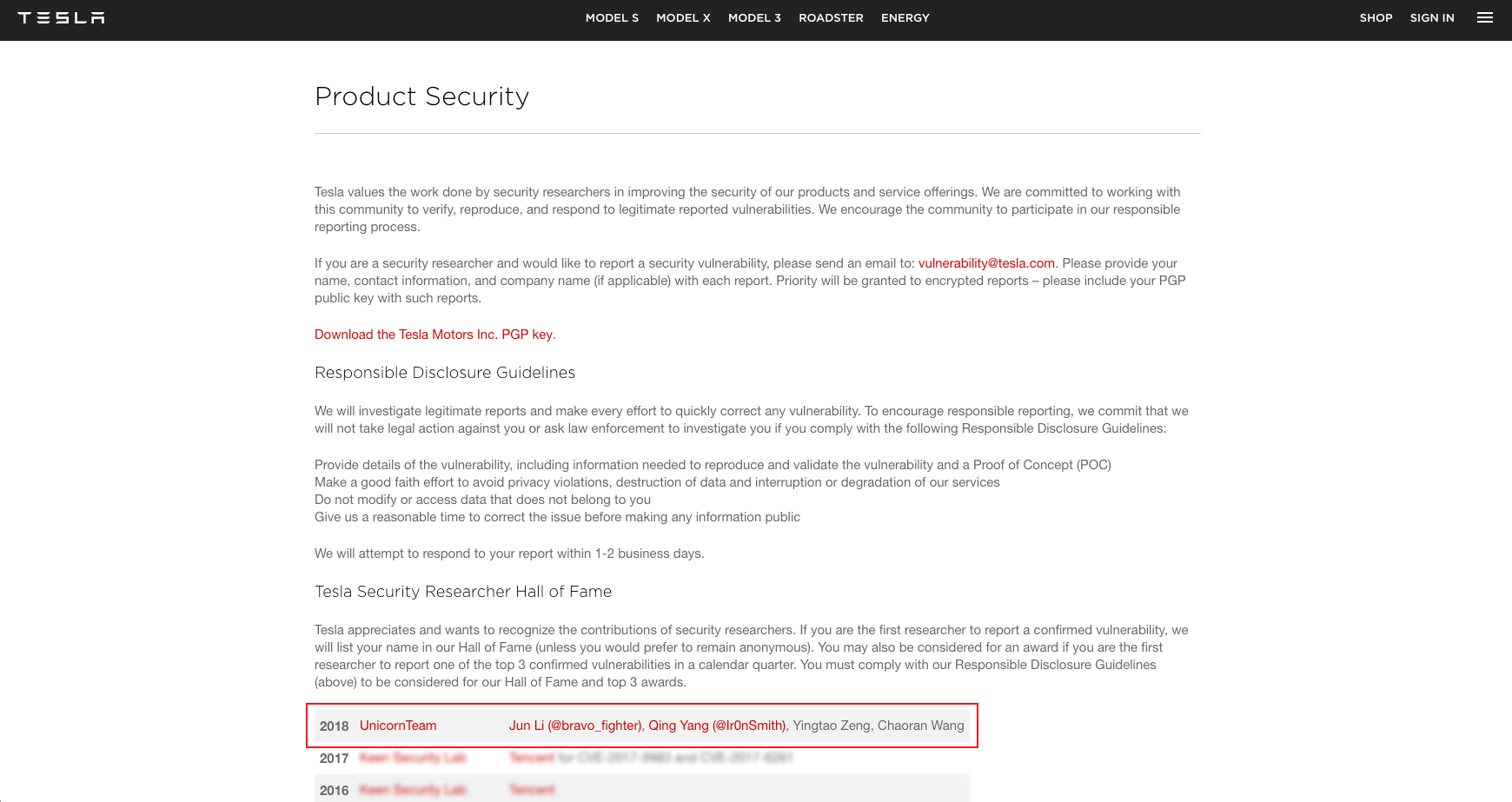 Tesla security researcher Hall of fame 