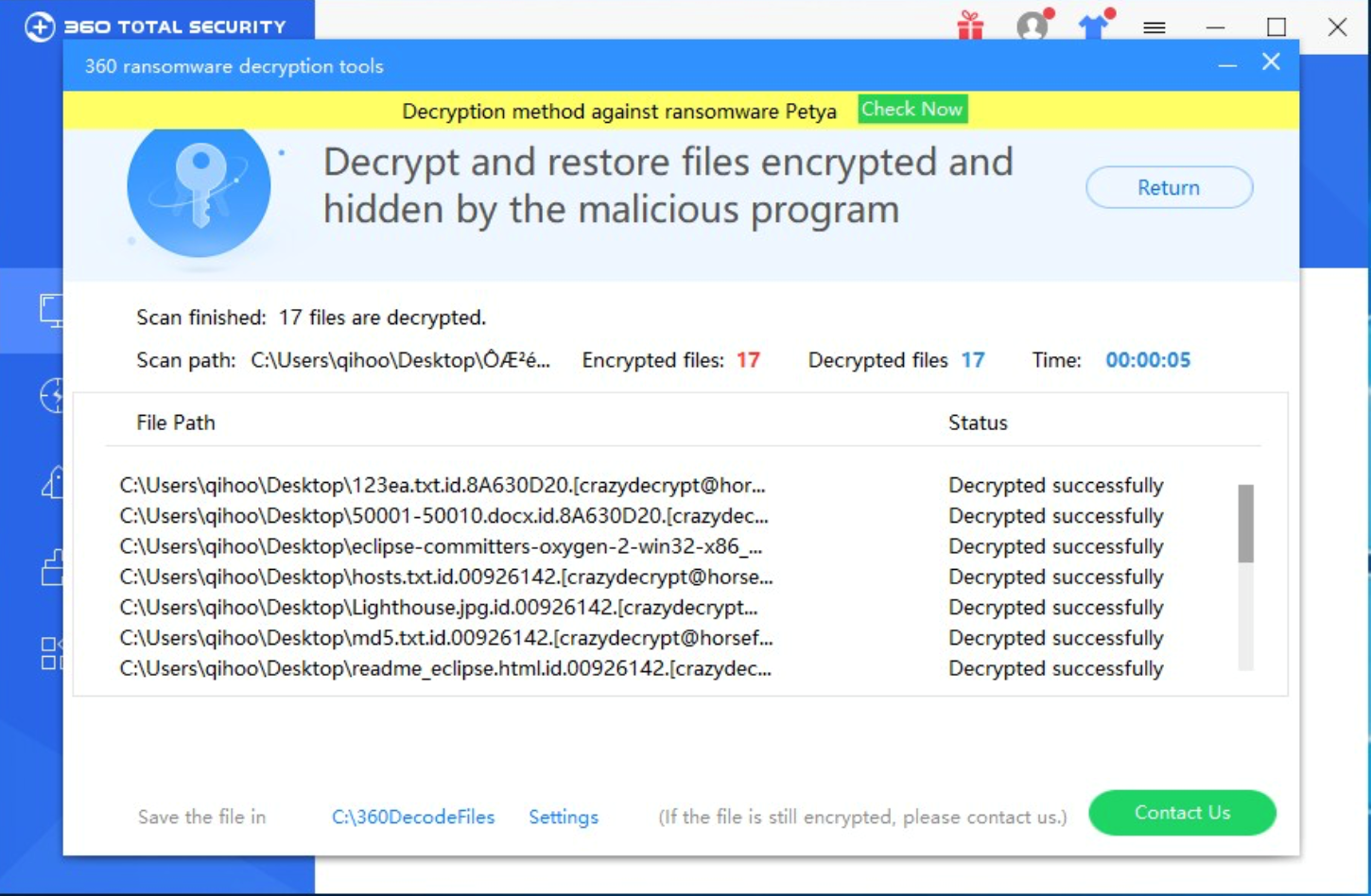 360 Total Security First support decrypting CrazyCrypt 2.1 Ransomware