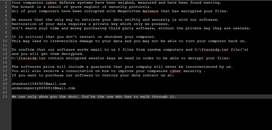 Figure 8. MegaCortext ransomware alert message